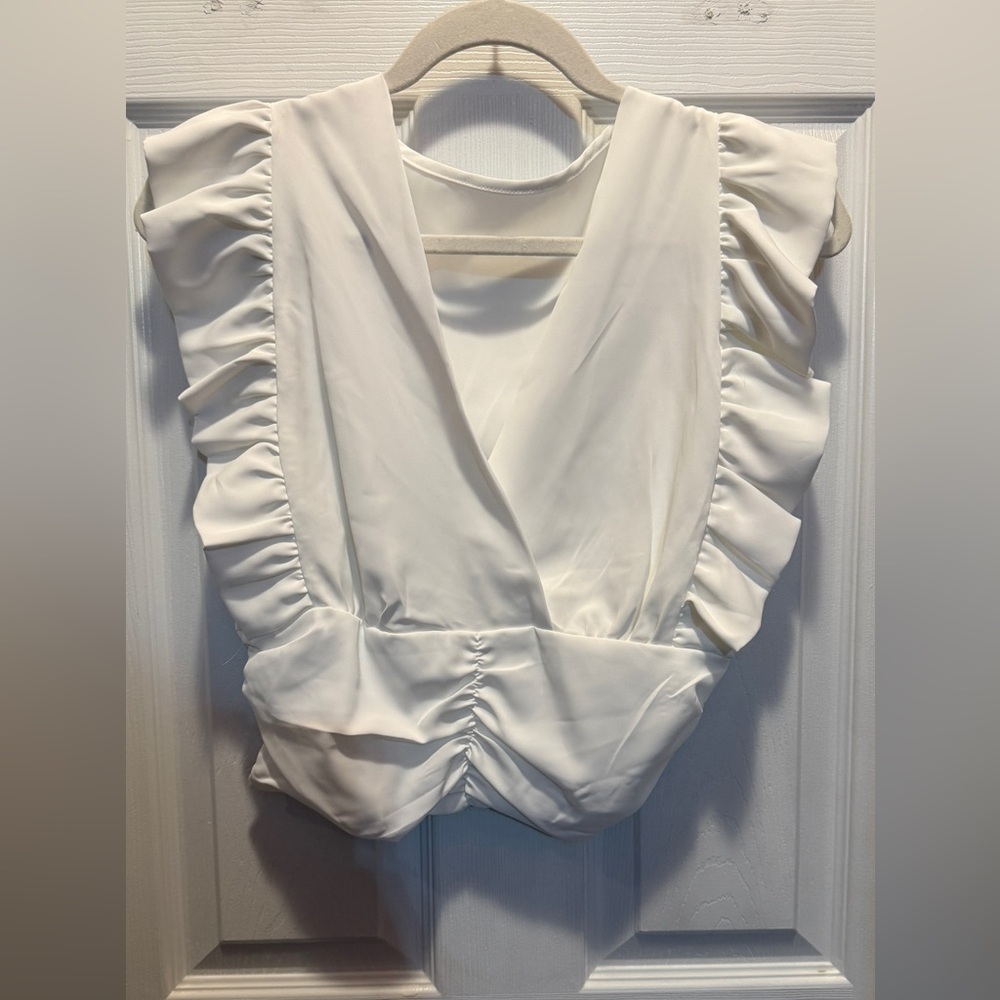Women’s White Ruffle V-Neck Blouse